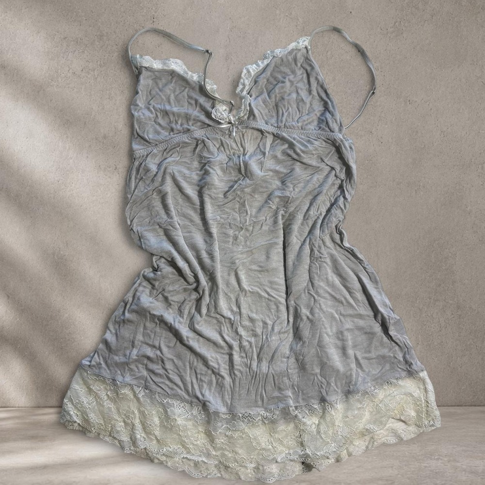 Victoria's Secret gray lace babydoll top with white lace trim